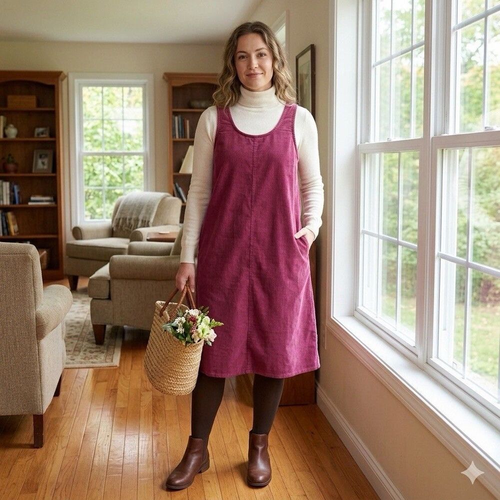The Vermont Country Store Berry Corduroy Jumper Dress Plus Size 1X Pockets Midi